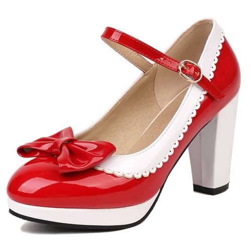 Renessmi Sweet Bogen Blockabsatz Plateau Ruffles Damen Schuhe Runde Zehen Knöchelriemchen Schnalle Lovely Mary Jane Footwear Rot Gr 40.5 EU-42 Cn Renessmi Sweet Bogen Blockabsatz Plateau Ruffles Damen Schuhe Runde Zehen Knöchelriemchen Schnalle Lovely Mary Jane Footwear Rot Gr 40.5 EU-42 Cn von Renessmi