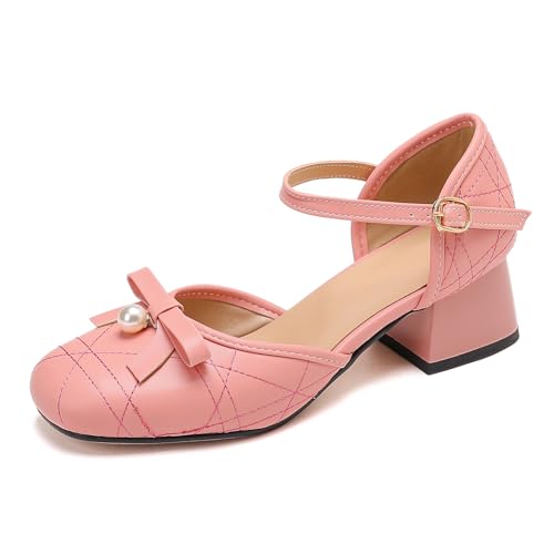 Renessmi Sweet Bogen Knöchelriemchen Blockabsatz Weit Fit Damensandalen Square Toe Komfort Girl Sommer Mary Jane Footwear Pink Gr 35 EU von Renessmi