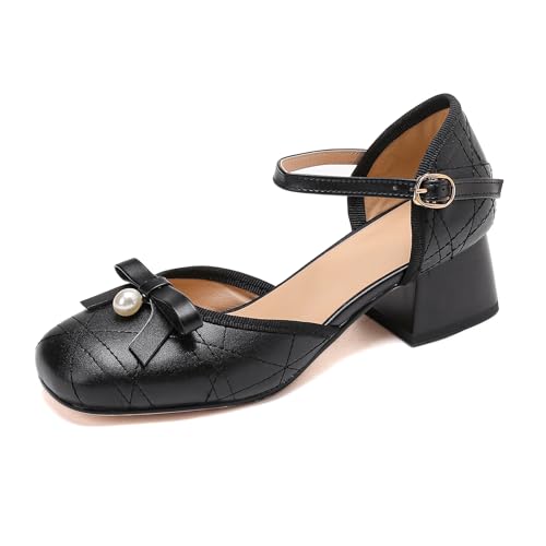 Renessmi Sweet Bogen Knöchelriemchen Blockabsatz Weit Fit Damensandalen Square Toe Komfort Girl Sommer Mary Jane Footwear Schwarz Gr 37 EU-38 Cn von Renessmi