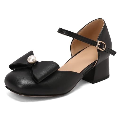 Renessmi Sweet Bogen Knöchelriemchen Blockabsatz Weit Fit Damensandalen Square Toe Komfort Girl Sommer Mary Jane Footwear Schwarz Gr 40.5 EU-42 Cn von Renessmi