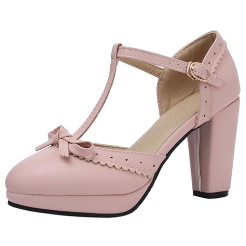 Renessmi Sweet Bogen T-Spange Blockabsatz Runde Zehen Damensandalen Plateau Geschlossen Sommer Mary Jane Lovely Footwear Pink Gr 45 EU-47 Cn von Renessmi