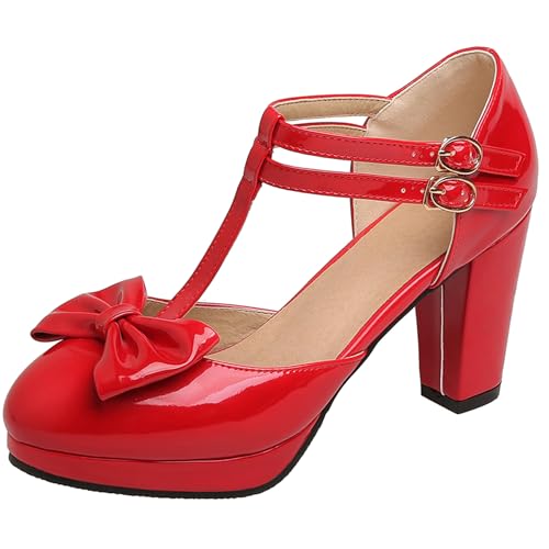 Renessmi Sweet Bogen T-Spange Blockabsatz Runde Zehen Damensandalen Plateau Geschlossen Sommer Mary Jane Lovely Footwear Rot Gr 40.5 EU-42 Cn von Renessmi