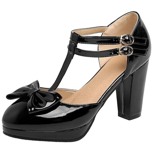 Renessmi Sweet Bogen T-Spange Blockabsatz Runde Zehen Damensandalen Plateau Geschlossen Sommer Mary Jane Lovely Footwear Schwarz Gr 37 EU-38 Cn von Renessmi