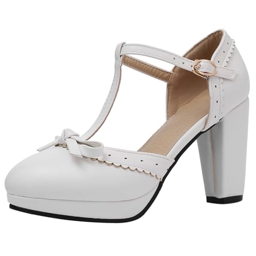 Renessmi Sweet Bogen T-Spange Blockabsatz Runde Zehen Damensandalen Plateau Geschlossen Sommer Mary Jane Lovely Footwear Weiß Gr 40 EU-41 Cn von Renessmi