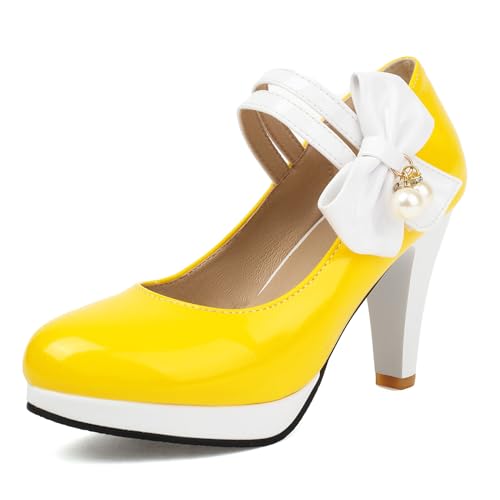 Renessmi Sweet Lack Mixed Color Mary Jane Runde Zehen Damen Schuhe Knöchelriemchen Plateau Splicing Chunky Heel Footwear Gelb Gr 34 EU Renessmi Sweet Lack Mixed Color Mary Jane Runde Zehen Damen Schuhe Knöchelriemchen Plateau Splicing Chunky Heel Footwear Gelb Gr 34 EU von Renessmi