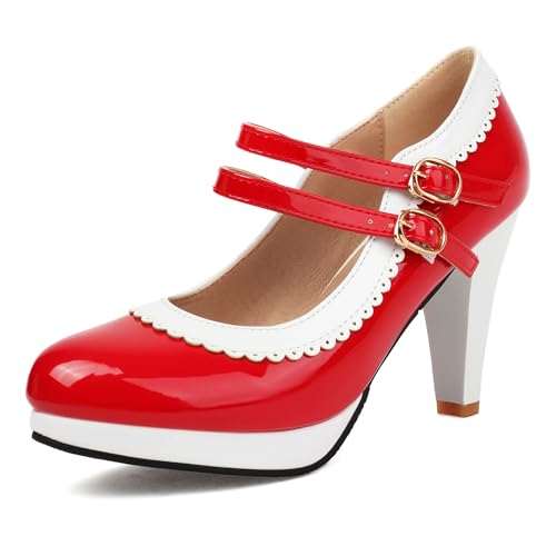 Renessmi Sweet Lack Mixed Color Mary Jane Runde Zehen Damen Schuhe Knöchelriemchen Plateau Splicing Chunky Heel Footwear Rot Gr 40.5 EU-42 Cn Renessmi Sweet Lack Mixed Color Mary Jane Runde Zehen Damen Schuhe Knöchelriemchen Plateau Splicing Chunky Heel Footwear Rot Gr 40.5 EU-42 Cn von Renessmi