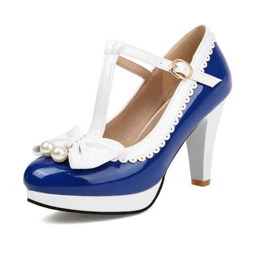 Renessmi Sweet Lack Mixed Color Mary Jane Runde Zehen Damen Schuhe Knöchelriemchen Plateau Splicing Chunky Heel Footwear Royal-Blau Gr 36.5 EU-37 Cn von Renessmi