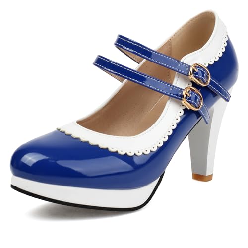 Renessmi Sweet Lack Mixed Color Mary Jane Runde Zehen Damen Schuhe Knöchelriemchen Plateau Splicing Chunky Heel Footwear Royal-Blau Gr 38 EU-39 Cn von Renessmi