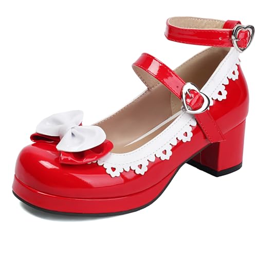 Renessmi Sweet Lack Square Toe Mary Jane Blockabsatz Damen Schuhe Knöchelriemchen Lovely Bogen Sommer Princess Footwear Rot Gr 40.5 EU-42 Cn von Renessmi