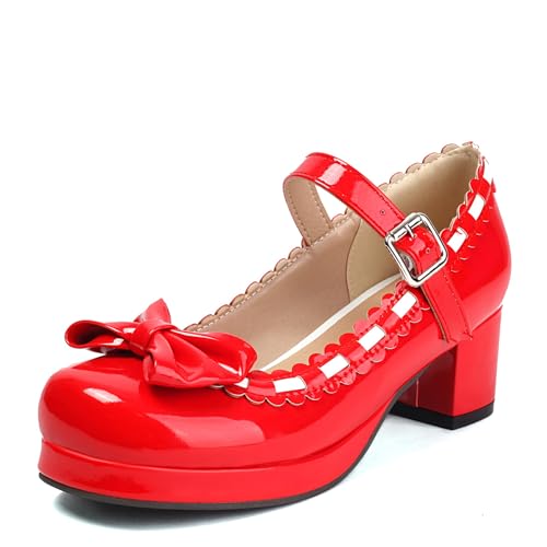 Renessmi Sweet Lack Square Toe Mary Jane Blockabsatz Damen Schuhe Knöchelriemchen Lovely Bogen Sommer Princess Footwear Rot Gr 41 EU-43 Cn von Renessmi