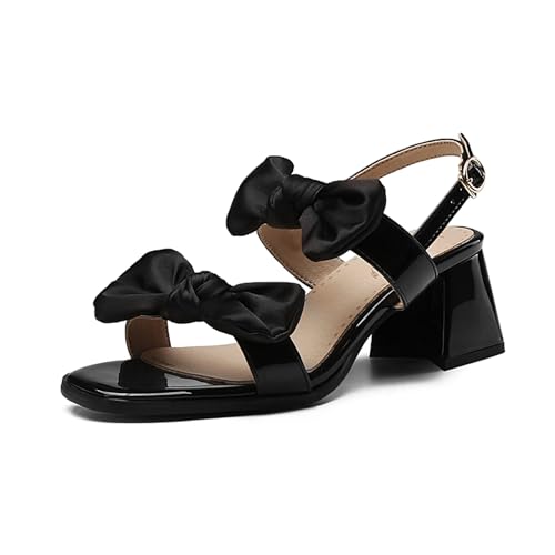 Renessmi Sweet Mitte Blockabsatz Square Toe Knöchelriemchen Damensandalen Bogen Slingback Offene Zeh Sommer Kleid Footwear Schwarz Gr 43 EU-45 Cn von Renessmi