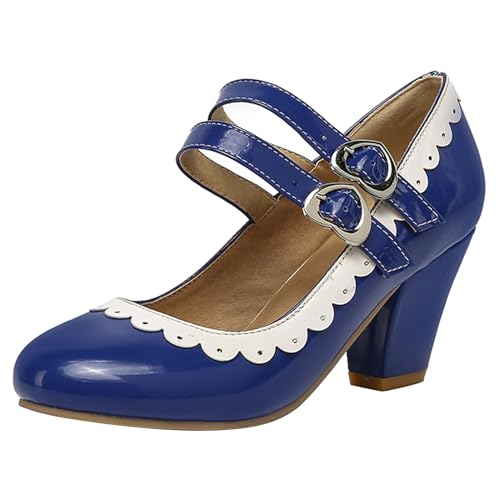 Renessmi Sweet Ruffles Two Strap Mary Jane Blockabsatz Damen Schuhe Runde Zehen Schnalle Elegant Lack Knöchelriemchen Footwear Blau Gr 44 EU-46 Cn Renessmi Sweet Ruffles Two Strap Mary Jane Blockabsatz Damen Schuhe Runde Zehen Schnalle Elegant Lack Knöchelriemchen Footwear Blau Gr 44 EU-46 Cn von Renessmi