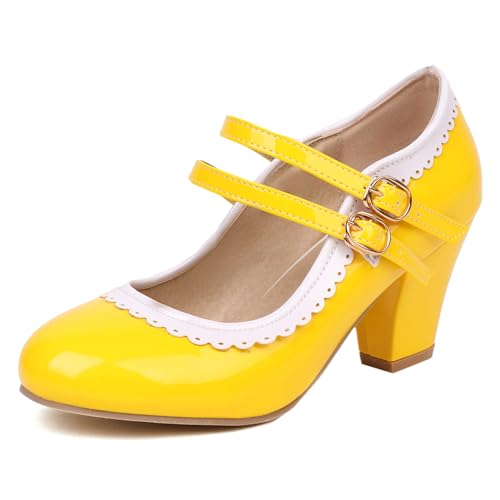 Renessmi Sweet Ruffles Two Strap Mary Jane Blockabsatz Damen Schuhe Runde Zehen Schnalle Elegant Lack Knöchelriemchen Footwear Gelb Gr 39 EU-40 Cn Renessmi Sweet Ruffles Two Strap Mary Jane Blockabsatz Damen Schuhe Runde Zehen Schnalle Elegant Lack Knöchelriemchen Footwear Gelb Gr 39 EU-40 Cn von Renessmi
