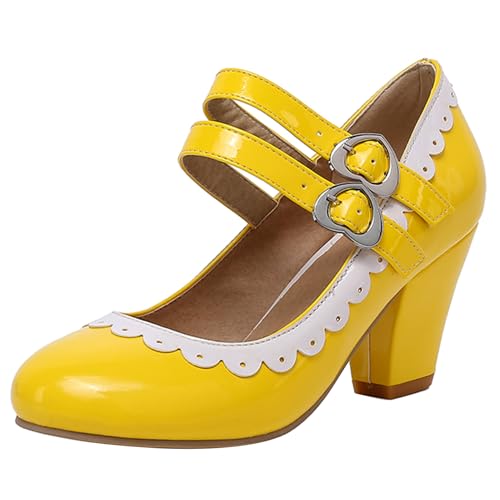 Renessmi Sweet Ruffles Two Strap Mary Jane Blockabsatz Damen Schuhe Runde Zehen Schnalle Elegant Lack Knöchelriemchen Footwear Gelb Gr 45 EU-47 Cn Renessmi Sweet Ruffles Two Strap Mary Jane Blockabsatz Damen Schuhe Runde Zehen Schnalle Elegant Lack Knöchelriemchen Footwear Gelb Gr 45 EU-47 Cn von Renessmi