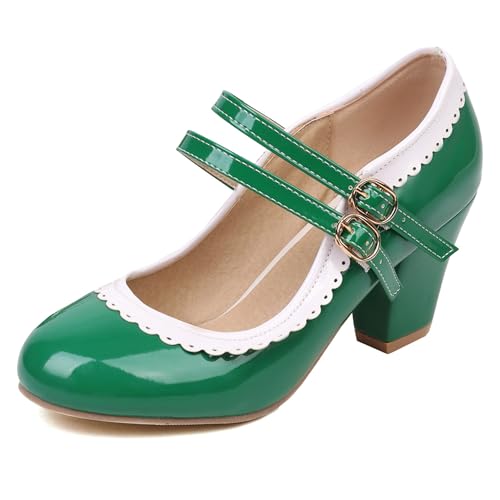 Renessmi Sweet Ruffles Two Strap Mary Jane Blockabsatz Damen Schuhe Runde Zehen Schnalle Elegant Lack Knöchelriemchen Footwear Grün Gr 33 EU Renessmi Sweet Ruffles Two Strap Mary Jane Blockabsatz Damen Schuhe Runde Zehen Schnalle Elegant Lack Knöchelriemchen Footwear Grün Gr 33 EU von Renessmi