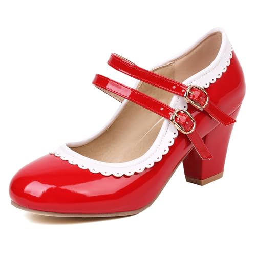 Renessmi Sweet Ruffles Two Strap Mary Jane Blockabsatz Damen Schuhe Runde Zehen Schnalle Elegant Lack Knöchelriemchen Footwear Rot Gr 39 EU-40 Cn Renessmi Sweet Ruffles Two Strap Mary Jane Blockabsatz Damen Schuhe Runde Zehen Schnalle Elegant Lack Knöchelriemchen Footwear Rot Gr 39 EU-40 Cn von Renessmi