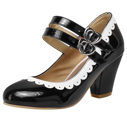 Renessmi Sweet Ruffles Two Strap Mary Jane Blockabsatz Damen Schuhe Runde Zehen Schnalle Elegant Lack Knöchelriemchen Footwear Schwarz Gr 36.5 EU-37 Cn von Renessmi