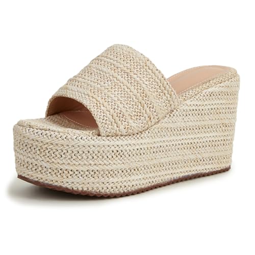 Renessmi Thick Plateau Peep Toe Slingback Damen Hausschuhe Pantoffeln Sandals Keilabsatz Flatform Draußen Strand Kleid Mules Footwear Beige Gr 39 EU-40 Cn von Renessmi