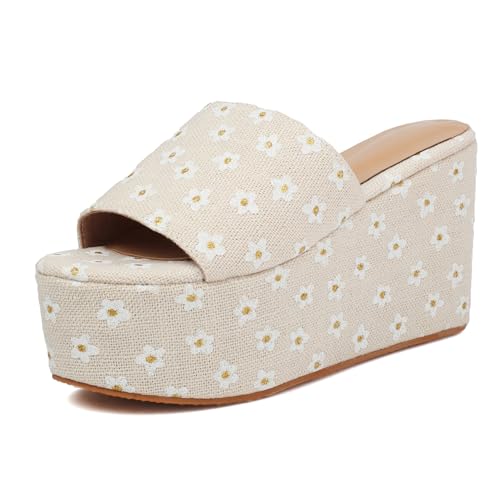 Renessmi Thick Plateau Peep Toe Slingback Damen Hausschuhe Pantoffeln Sandals Keilabsatz Flatform Draußen Strand Kleid Mules Footwear Beige Gr 40.5 EU-42 Cn von Renessmi