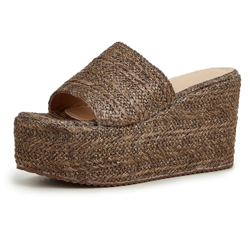 Renessmi Thick Plateau Peep Toe Slingback Damen Hausschuhe Pantoffeln Sandals Keilabsatz Flatform Draußen Strand Kleid Mules Footwear Braun Gr 35 EU von Renessmi