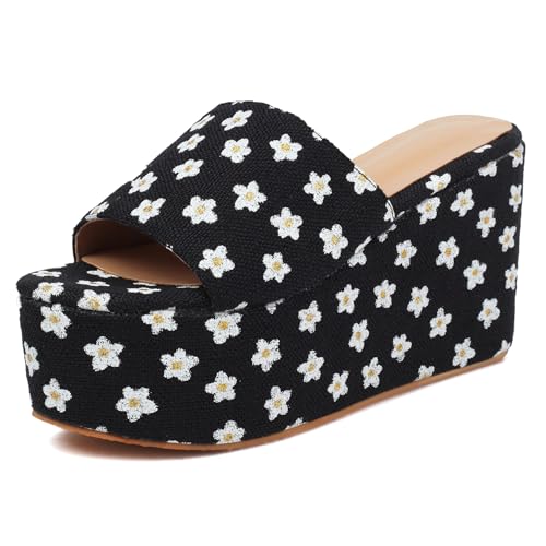 Renessmi Thick Plateau Peep Toe Slingback Damen Hausschuhe Pantoffeln Sandals Keilabsatz Flatform Draußen Strand Kleid Mules Footwear Schwarz Gr 37 EU-38 Cn von Renessmi