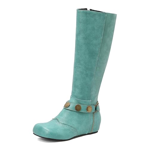 Renessmi Zide Reißverschluss Ruffles Runde Zehen Damen Knee Hohe Stiefel Mid Keilabsatz Weit Fit Brogue Long Anzugstiefel Footwear Grün Gr 48 EU-50 Cn von Renessmi