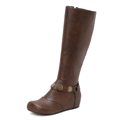 Renessmi Zide Reißverschluss Ruffles Runde Zehen Damen Knee Hohe Stiefel Mid Keilabsatz Weit Fit Brogue Long Anzugstiefel Footwear Kaffee Gr 45 EU-47 Cn von Renessmi