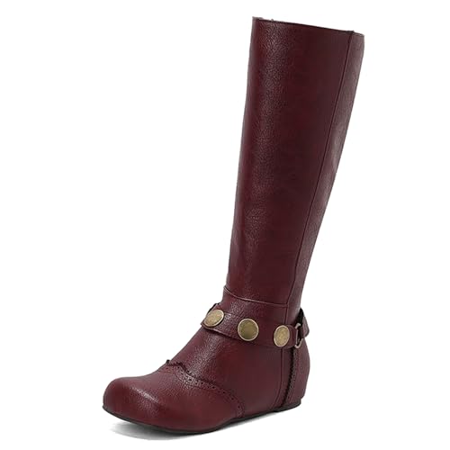Renessmi Zide Reißverschluss Ruffles Runde Zehen Damen Knee Hohe Stiefel Mid Keilabsatz Weit Fit Brogue Long Anzugstiefel Footwear Rotwein Gr 47 EU-49 Cn von Renessmi