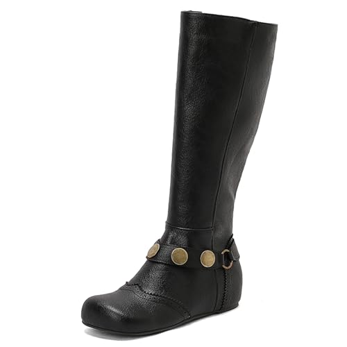 Renessmi Zide Reißverschluss Ruffles Runde Zehen Damen Knee Hohe Stiefel Mid Keilabsatz Weit Fit Brogue Long Anzugstiefel Footwear Schwarz Gr 36.5 EU-37 Cn von Renessmi