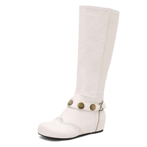 Renessmi Zide Reißverschluss Ruffles Runde Zehen Damen Knee Hohe Stiefel Mid Keilabsatz Weit Fit Brogue Long Anzugstiefel Footwear Weiß Gr 45 EU-47 Cn von Renessmi