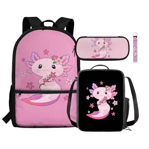 Renewold 4-teiliges Set Kinder-Rucksack, isolierte Lunchtasche, Stifteetui, Handgelenk, Schlüsselband, Schlüsselanhänger, Schulbedarf, Axolotl Pfirsichblüten, Einheitsgröße, Tagesrucksäcke von Renewold