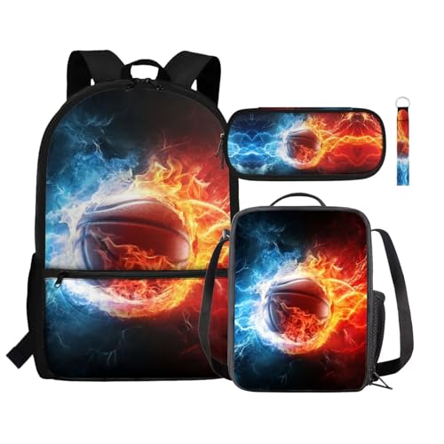 Renewold 4-teiliges Set Kinder-Rucksack, isolierte Lunchtasche, Stifteetui, Handgelenk, Schlüsselband, Schlüsselanhänger, Schulbedarf, Basketball, Einheitsgröße, Tagesrucksäcke von Renewold