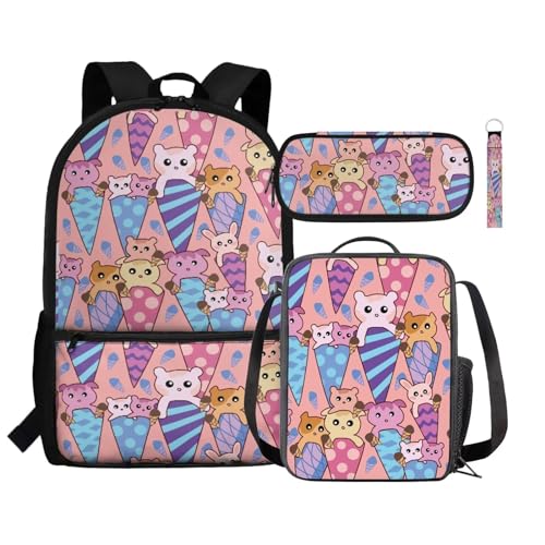 Renewold 4-teiliges Set Kinder-Rucksack, isolierte Lunchtasche, Stifteetui, Handgelenk, Schlüsselband, Schlüsselanhänger, Schulbedarf, Cartoon-Eiscreme, Einheitsgröße, Tagesrucksäcke von Renewold