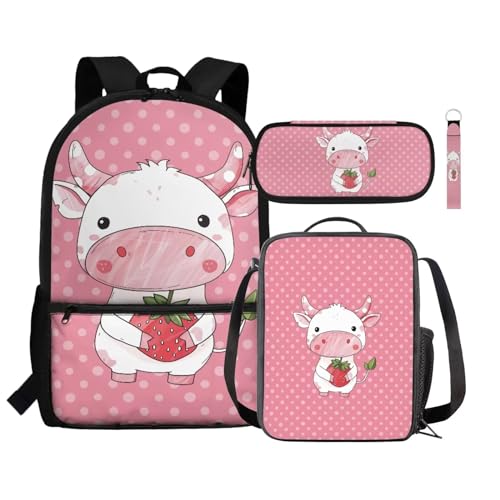 Renewold 4-teiliges Set Kinder-Rucksack, isolierte Lunchtasche, Stifteetui, Handgelenk, Schlüsselband, Schlüsselanhänger, Schulbedarf, Erdbeer-Kuh, Einheitsgröße, Tagesrucksäcke von Renewold