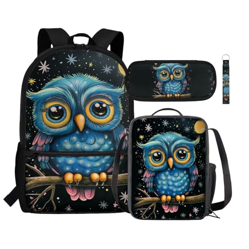 Renewold 4-teiliges Set Kinder-Rucksack, isolierte Lunchtasche, Stifteetui, Handgelenk, Schlüsselband, Schlüsselanhänger, Schulbedarf, Eulenmotiv, Einheitsgröße, Tagesrucksäcke von Renewold