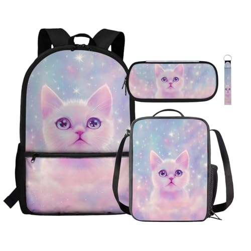 Renewold 4-teiliges Set Kinder-Rucksack, isolierte Lunchtasche, Stifteetui, Handgelenk, Schlüsselband, Schlüsselanhänger, Schulbedarf, Katze, Einheitsgröße, Tagesrucksäcke von Renewold