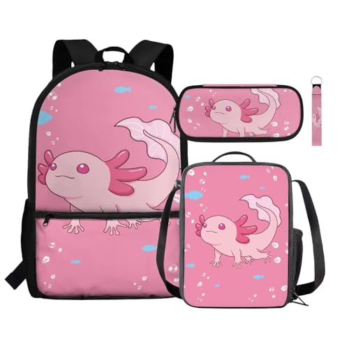 Renewold 4-teiliges Set Kinder-Rucksack, isolierte Lunchtasche, Stifteetui, Handgelenk, Schlüsselband, Schlüsselanhänger, Schulbedarf, Niedliches rosa Axolotl, Einheitsgröße, Tagesrucksäcke von Renewold