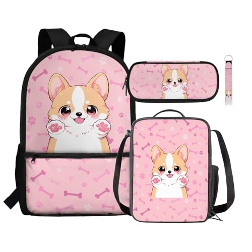 Renewold 4-teiliges Set Kinder-Rucksack, isolierte Lunchtasche, Stifteetui, Handgelenk, Schlüsselband, Schlüsselanhänger, Schulbedarf, Süße Corgi, Einheitsgröße, Tagesrucksäcke von Renewold