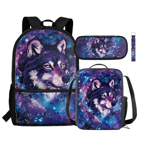 Renewold 4-teiliges Set Kinder-Rucksack, isolierte Lunchtasche, Stifteetui, Handgelenk, Schlüsselband, Schlüsselanhänger, Schulbedarf, Wolf Schmetterlinge, Einheitsgröße, Tagesrucksäcke von Renewold