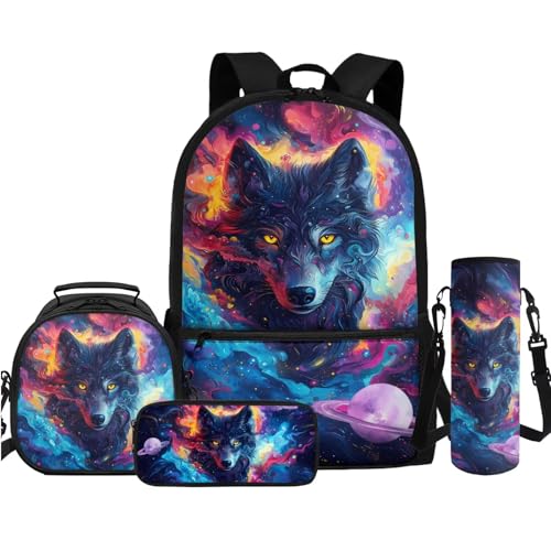 Renewold Cool Wolf 4 Piece School Backpack Set with Lunch Box Pencil Case Bottle Sleeve for Girls Boys Large Capacity Lunch Bag for Teens Elementary Middle School von Renewold