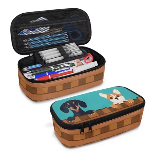 Renewold Federmäppchen mit Reißverschluss, großes Stiftetui, multifunktionaler Griff, Schreibwaren-Organizer mit Fächern, breite Öffnung, Dackel Corgi, Einheitsgröße, Taschen-Organizer von Renewold