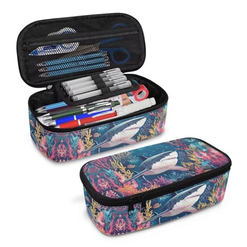 Renewold Federmäppchen mit Reißverschluss, niedliches großes Federmäppchen, Schreibwaren-Organizer mit Fächern, breite Öffnung, für Jungen und Mädchen, Cartoon-Hai, Einheitsgröße, Taschen-Organizer von Renewold