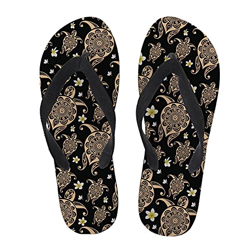Renewold Flip Flop Sandalen Sommer Hausschuhe Strand Flip Flops Slides für Damen, Gold - Boho-Hawaii-Blumenschildkröte - Größe: 37/38 EU von Renewold