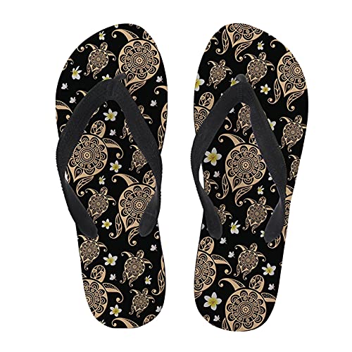 Renewold Flip Flop Sandalen Sommer Hausschuhe Strand Flip Flops Slides für Damen, Gold - Boho-Hawaii-Blumenschildkröte - Größe: 39/40 EU von Renewold