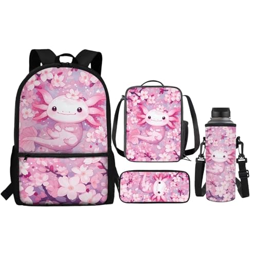 Renewold Isolierte Lunchtasche für Kinder, Federmäppchen, Wasserflasche, 4-in-1, Schulbedarf, Axolotl Kirschblüten, Einheitsgröße, Tagesrucksack von Renewold