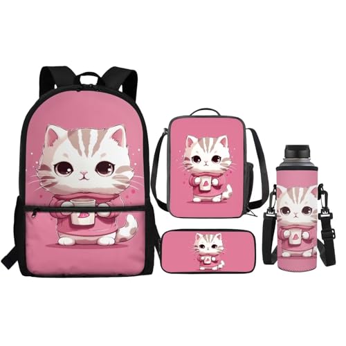 Renewold Isolierte Lunchtasche für Kinder, Federmäppchen, Wasserflasche, 4-in-1, Schulbedarf, Niedliche rosa Katze, Einheitsgröße, Tagesrucksack von Renewold