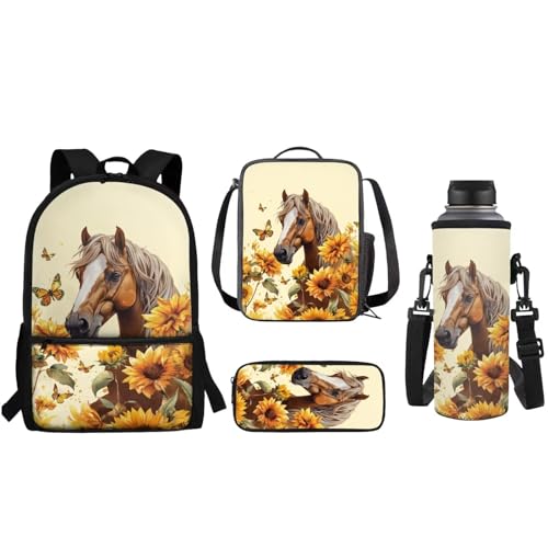 Renewold Isolierte Lunchtasche für Kinder, Federmäppchen, Wasserflasche, 4-in-1, Schulbedarf, Sonnenblume, Pferd, Schmetterling, Einheitsgröße, Tagesrucksäcke von Renewold