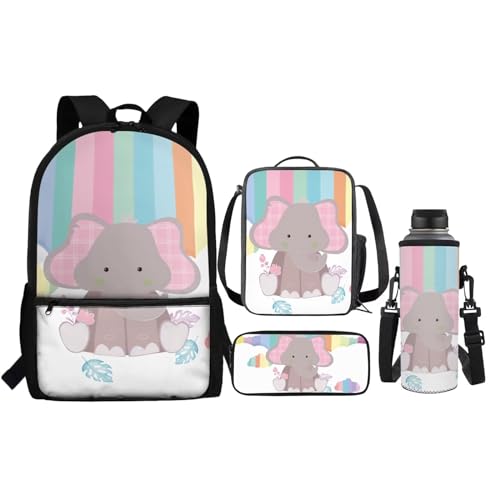 Renewold Isolierte Lunchtasche für Kinder, Federmäppchen, Wasserflasche, 4-in-1, Schulbedarf, Süßer Elefant, Einheitsgröße, Tagesrucksäcke von Renewold