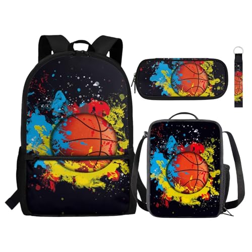 Renewold Jungen-Rucksack mit Lunchbox und Federmäppchen, Schlüsselanhänger, 4-in-1-Ball-Druck, Kinder-Schultaschen-Set, Lunchtasche, Büchertasche, Combo, Neuartiger Basketball von Renewold