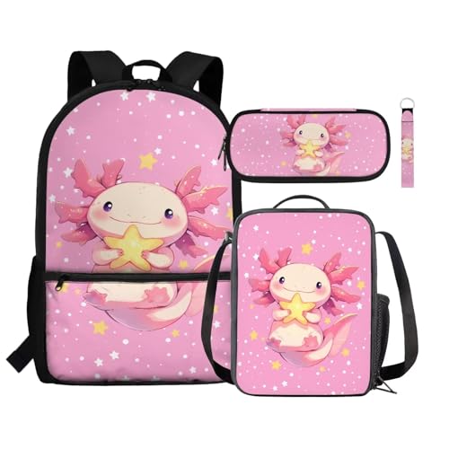 Renewold Kinder-Rucksack, isolierte Lunchtasche, Stifteetui, Handgelenk, Schlüsselband, Schlüsselanhänger, 4-in-1, Schulbedarf, Axolotl Star, Einheitsgröße, Tagesrucksäcke von Renewold